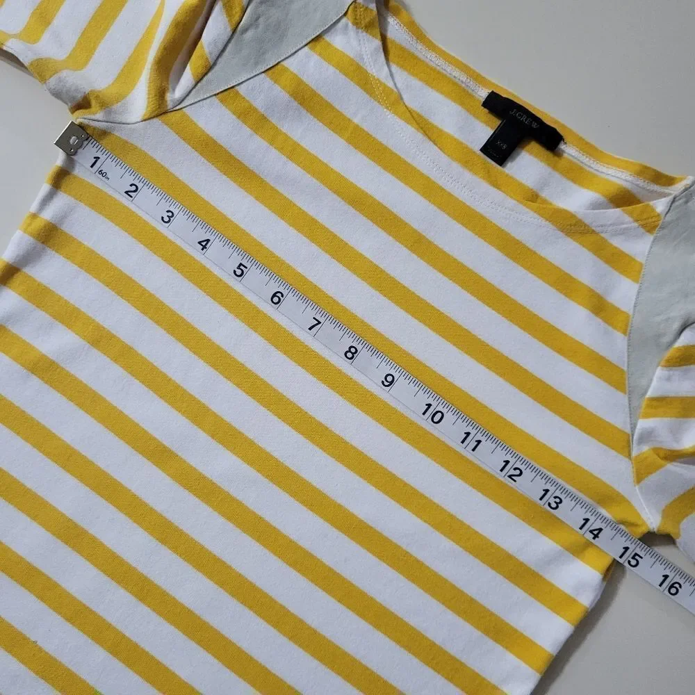 J.Crew Women's Crewneck Yellow Stripe Suede Shoulder Long Sleeve Pullover Top